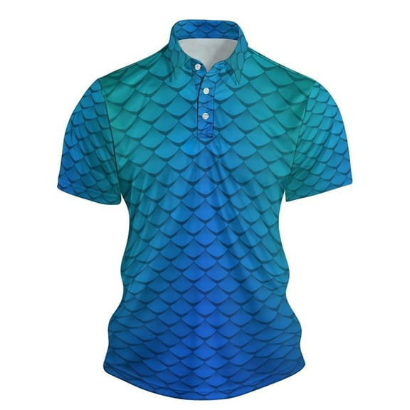 MIXUE Polo Shirts For Men Fish Scale Print Lapel Button Down Short Sleeve Slim Fit Casual Stylish Tops Sportswear,Blue,XXXXL