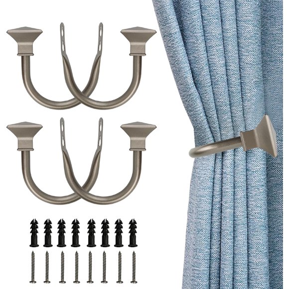 shiyou-4Pcs Square Metal Decorative Curtain Holdbacks, Wall Mounted Window Drapery Tiebacks for Bedroom, Livingroom, Office Come with Screws, Pewter
