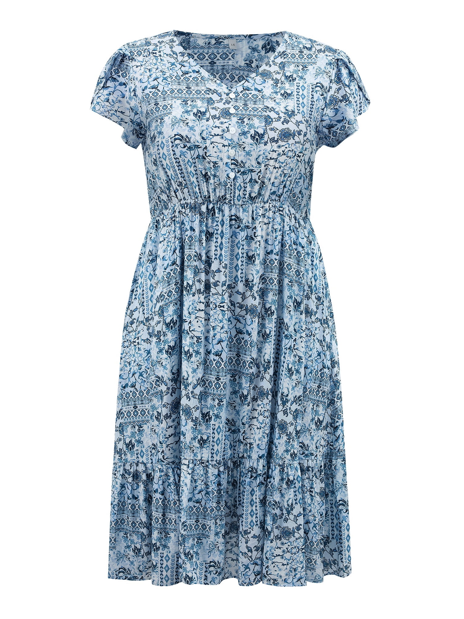 DARING DIVA Plus Size Boho Floral V Neck Cap Sleeve A Line Midi Dress 3X Lake Blue