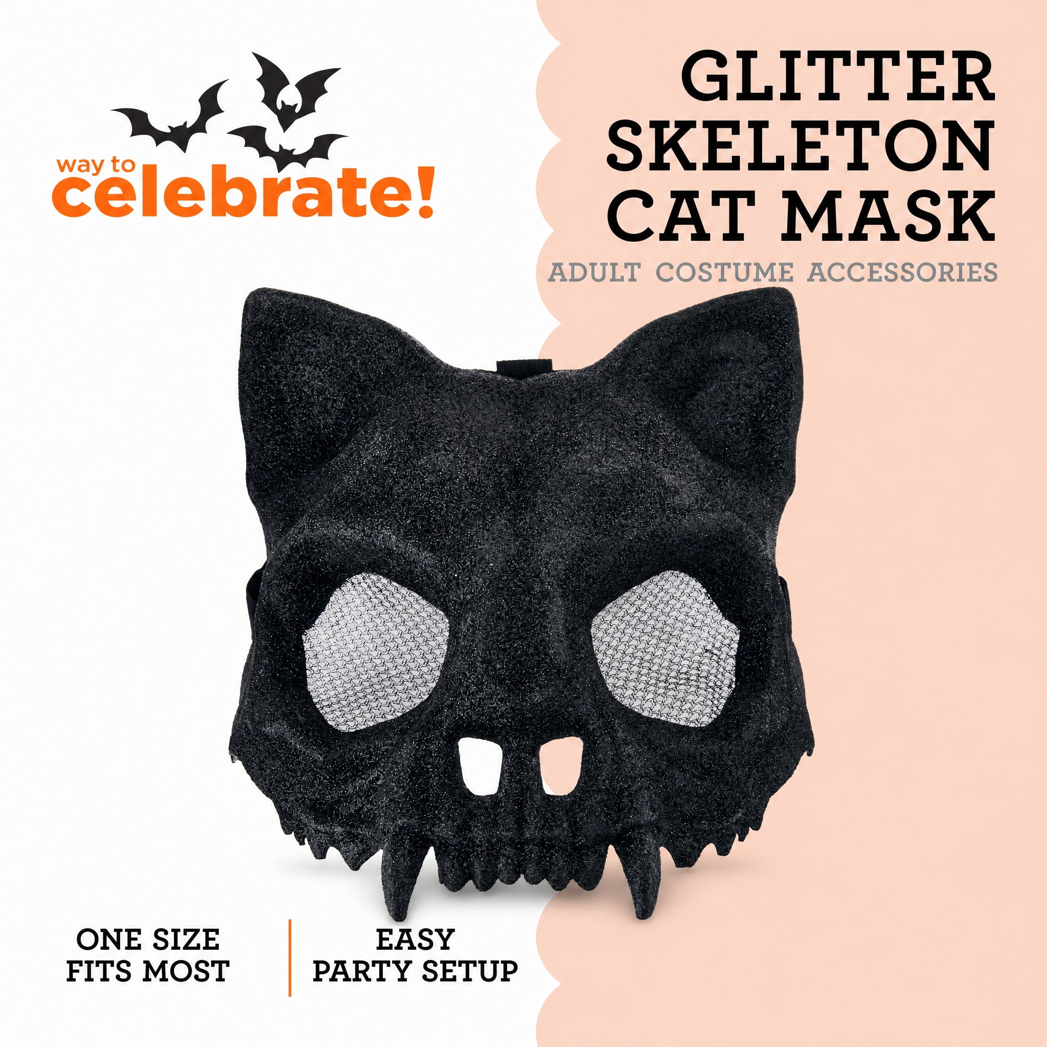 Glitter Skeleton Cat Mask Costume Accessory for Adults, Black, Halloween by Way To Celebrate