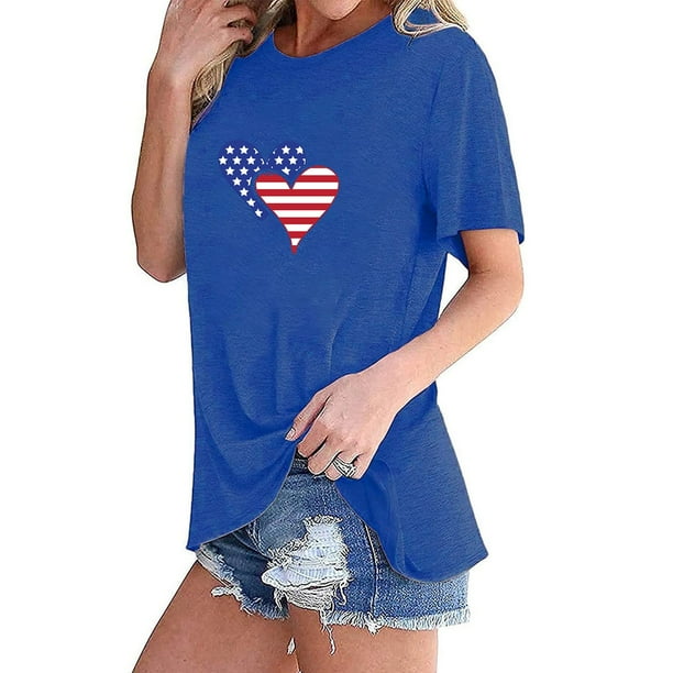 Fiudx Ofertas y Liquidaciones Camiseta Básica de Verano de Manga Corta Informal para Mujer, Blusa con Estampado Del Día de La Independencia, Cuello Redondo