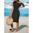thumbnail image 5 of Cupshe Women's Knit Off Shoulder Beach Dress Shoulder Tie Short Sleeve Elastic Waist Midi Casual Dresses, Black, 5 of 6