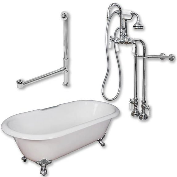 Cambridge Plumbing DE67-398684-PKG-CP-NH Cast Iron Double Ended Clawfoot Tub, Polished Chrome - 67 x 30 in.