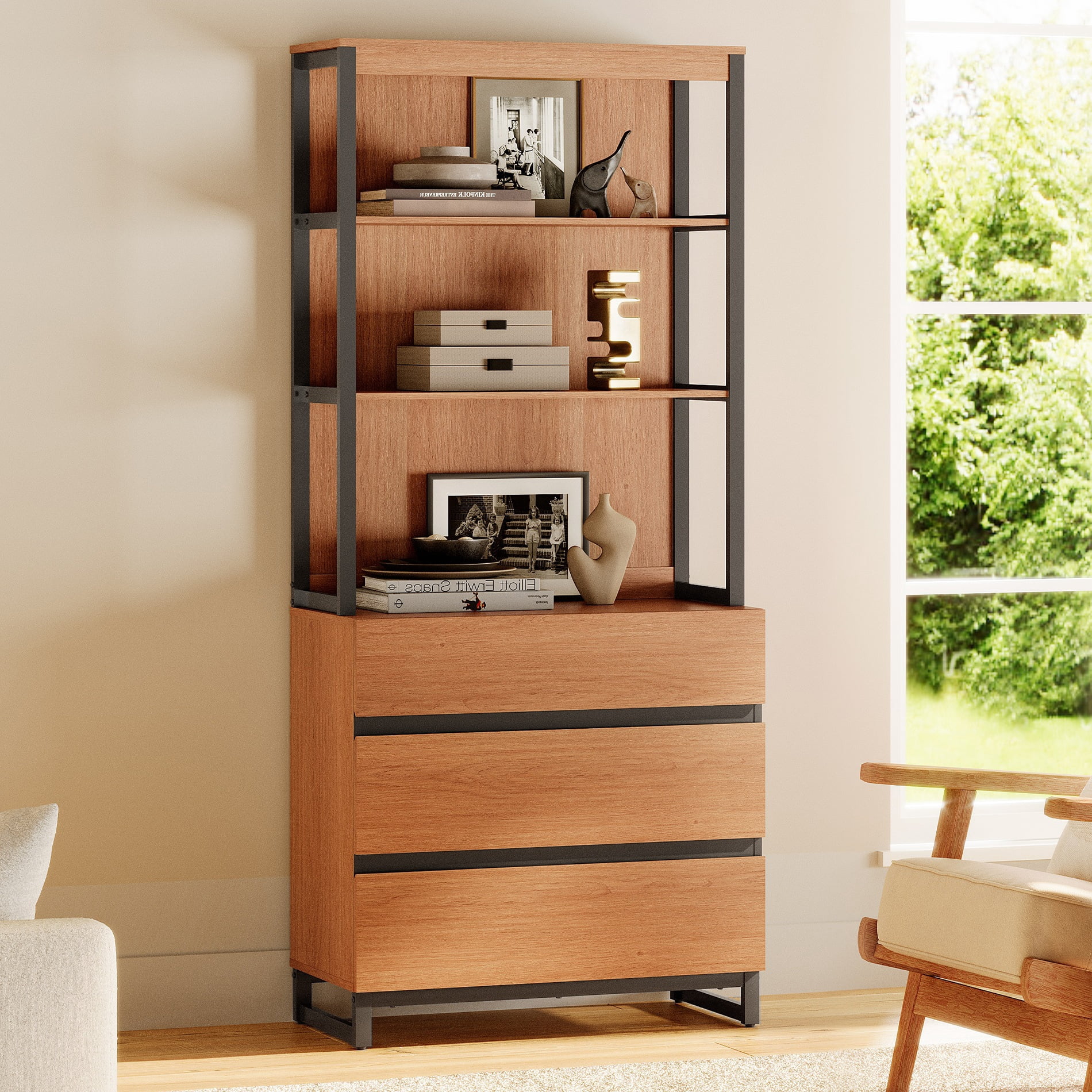 WAMPAT Modern 72" Tall Bookcase with 3 Drawers and Open Book Shelfs, Library Book Shelf with Storage Cabinet, Wood Freestanding Bookshelf for Home Office, Living Room, Mocha
