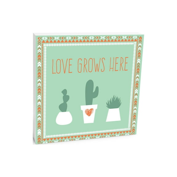 Love Grows Here Cactus Green Heart 10 x 10 Wood Tabletop Sign Plaque