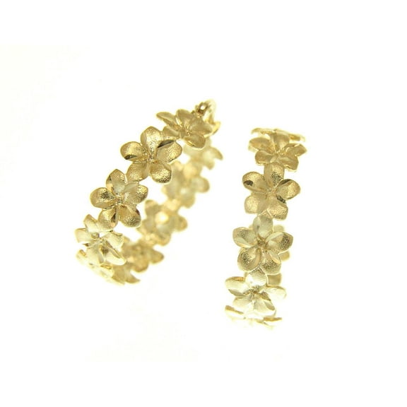 14k solid yellow gold Hawaiian plumeria flower hoop earrings