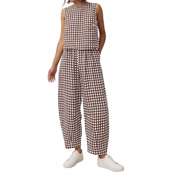 PRETTYGARDEN Womens 2 Piece Sets Summer Plaid Sleeveless Tops Wide Leg Pants Matching Lounge Set Beach Vacation Outfits