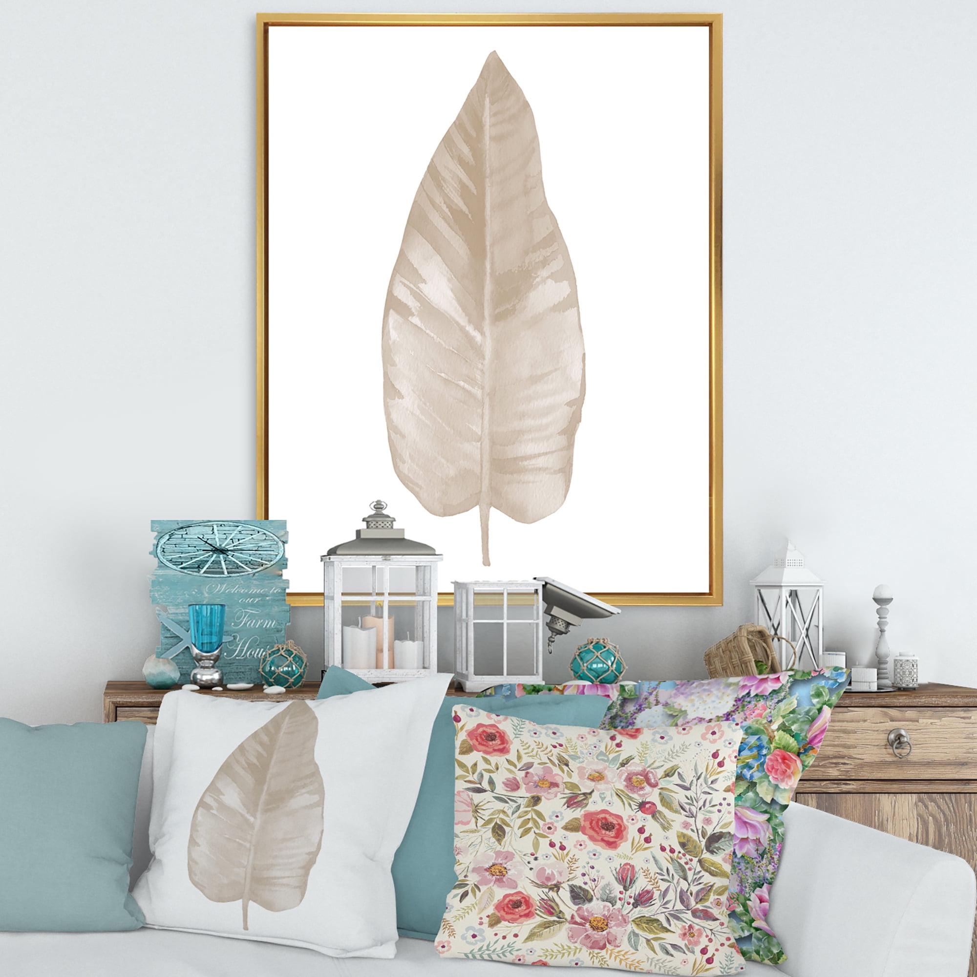 Designart 'Dried Leaf Plant Beige On White Background' Traditional Framed Canvas Wall Art Print