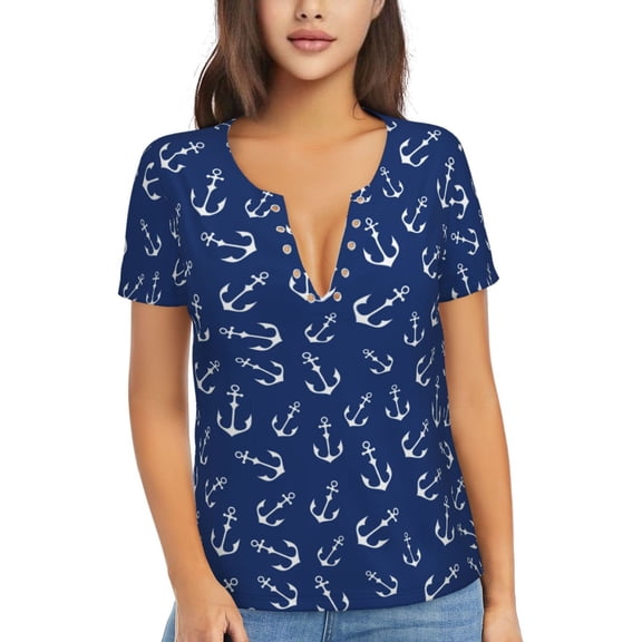Naloa Nautical Anchors Print T-Shirts Short Sleeve V Neck Tees for Women Fashion Tops Trendy Lightweight Soft Casual Summer Outfits Clothes