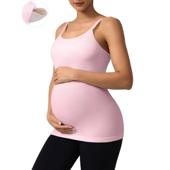 ANFERRY Maternity Tank Tops with Built in Bra Women Seamless Ribbed Camisole Scoop Neck Adjustable Straps Pregnancy Workout Top