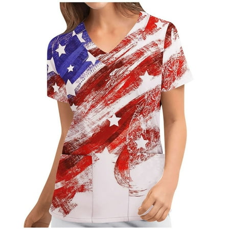 

Sksloeg Scrub Tops Women Stretchy Clearance USA Star Stripes Pattern Scrub Tops V-Neck Independence Day T Shirts Workwear Nurse Uniform Tee with Pockets Red XL