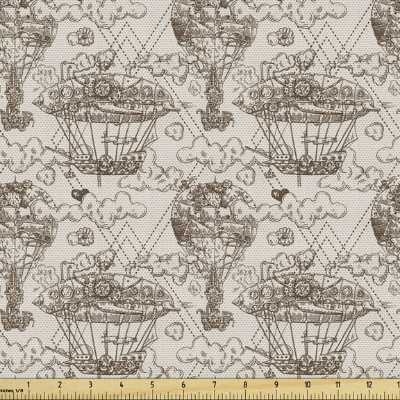 Ambesonne Aviation Fabric by the Yard Upholstery, Aircraft Zeppelin Ship, 1 Yard, Pale Eggshell and Umber