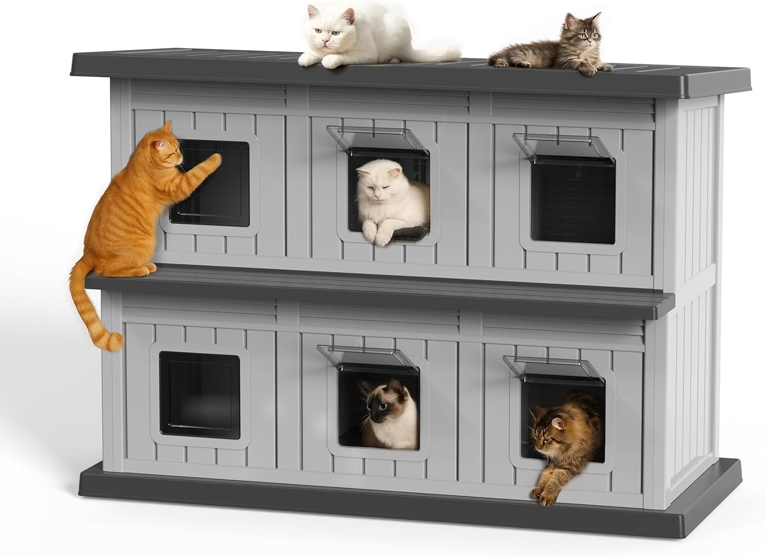 FICARTS Large Double-Decker Outdoor Cat Shelter - Weatherproof, UV-Protected, with Adjustable Window & Balcony (Blue and Grey)