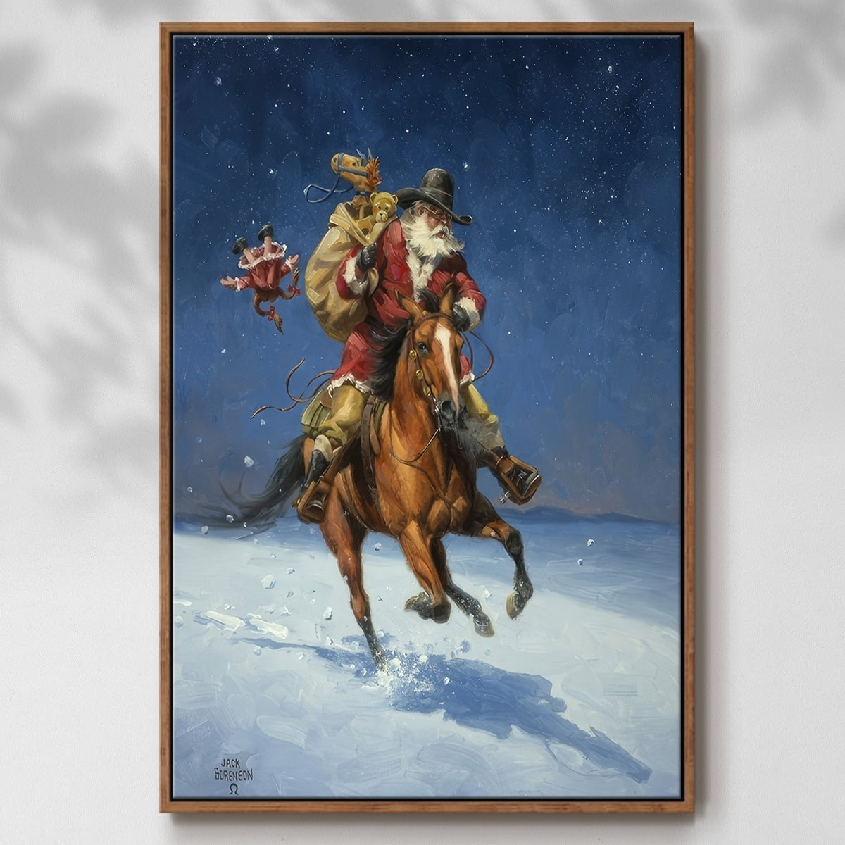 Midnight Rider - Framed Gallery Wrapped Holiday Canvas - 25 x 37 - Rosewood Frame