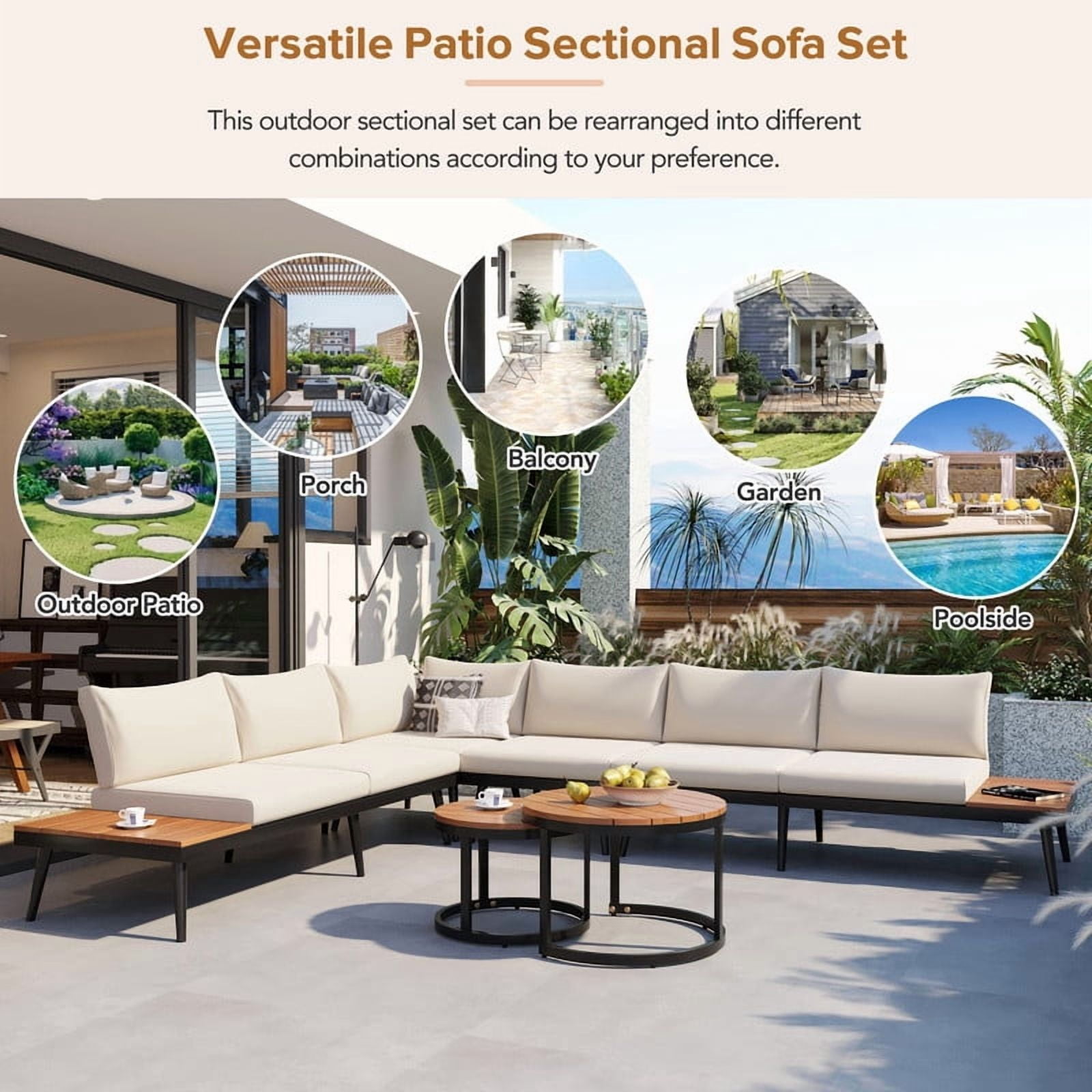 6-Piece L-Shaped Outdoor Sectional Sofa Set with Round Nesting Coffee Tables, Patio Furniture Set with Side Tables, Outdoor Conversation Set with Cushions