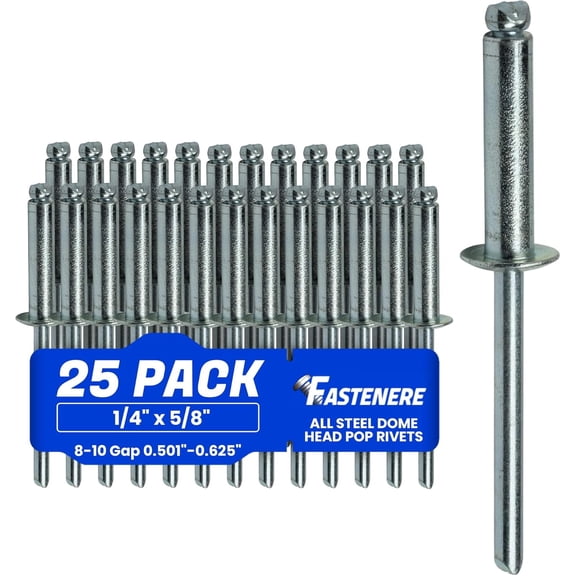 Fastenere Pop Rivets - 1/4" x 7/8" (25 pcs) Heavy Duty, Open-End, Low Carbon Steel, Dome-Head Blind Rivets, Corrosion-Resistant & High Shear Strength, 8-14 Gap 0.751"-0.875"