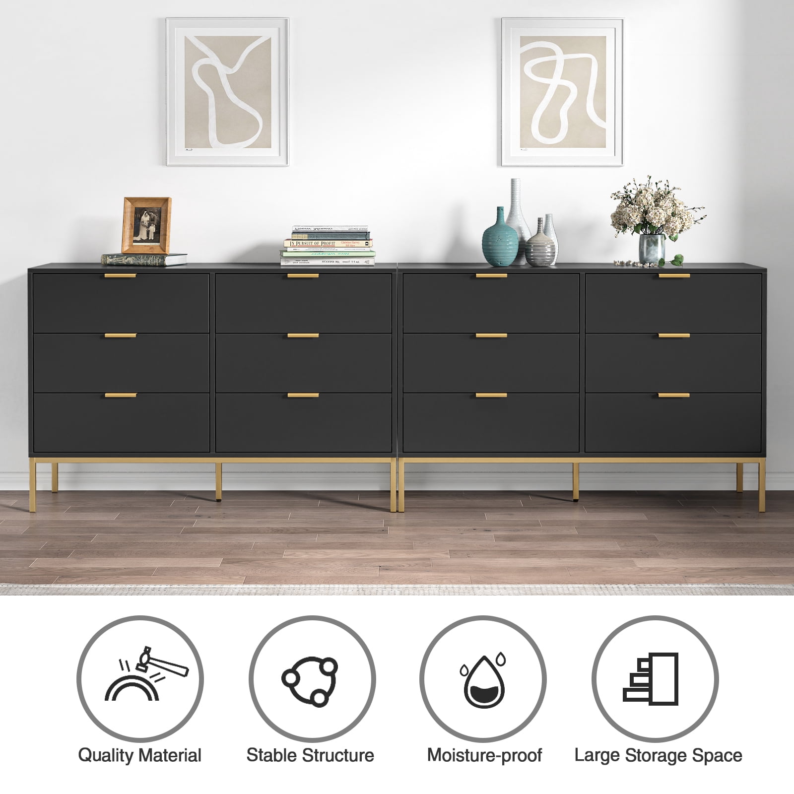 Eumyviv Modern Chest of Drawers with Gold Handles Mid Century Modern 6-Drawer Storage Dresser for Bedroom Living Room, Black H0123