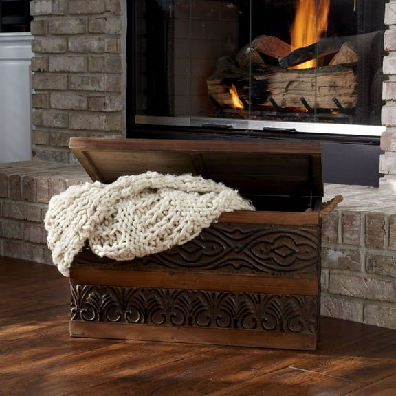 Household Essentials Decorative Trunk, Embossed Metal, Small, Chinese Fir Wood, Darkened Interior, Rope Handles, Flat and Fully Opening Lid, Handmade, Walnut and Almond Stain