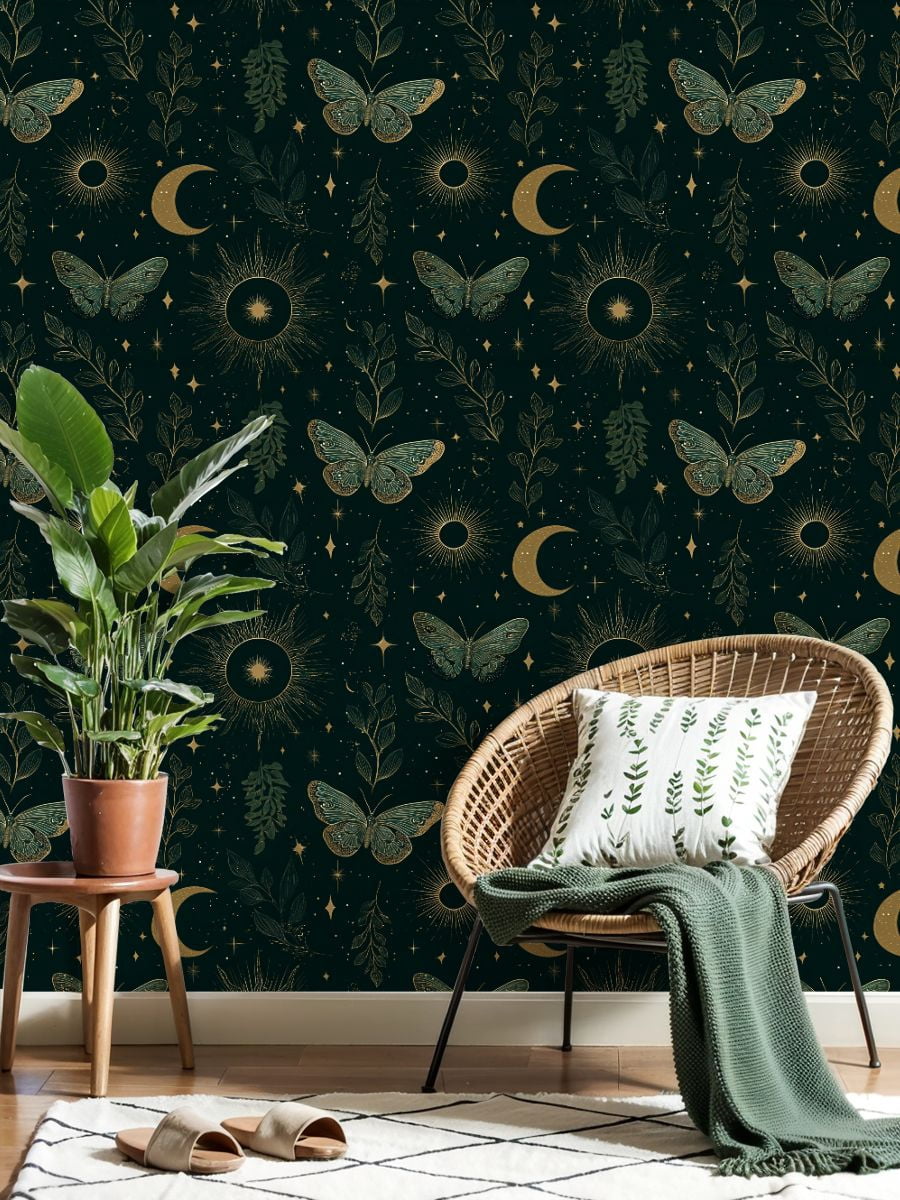 Peel and Stick Wallpaper 17.7in x 9.8ft Butterflies Floral Moon Phases Gold Accents Contact Paper Vinyl Waterproof Self Adhesive Wall Paper for Bedroom Shelf Cabinet Renter Friendly