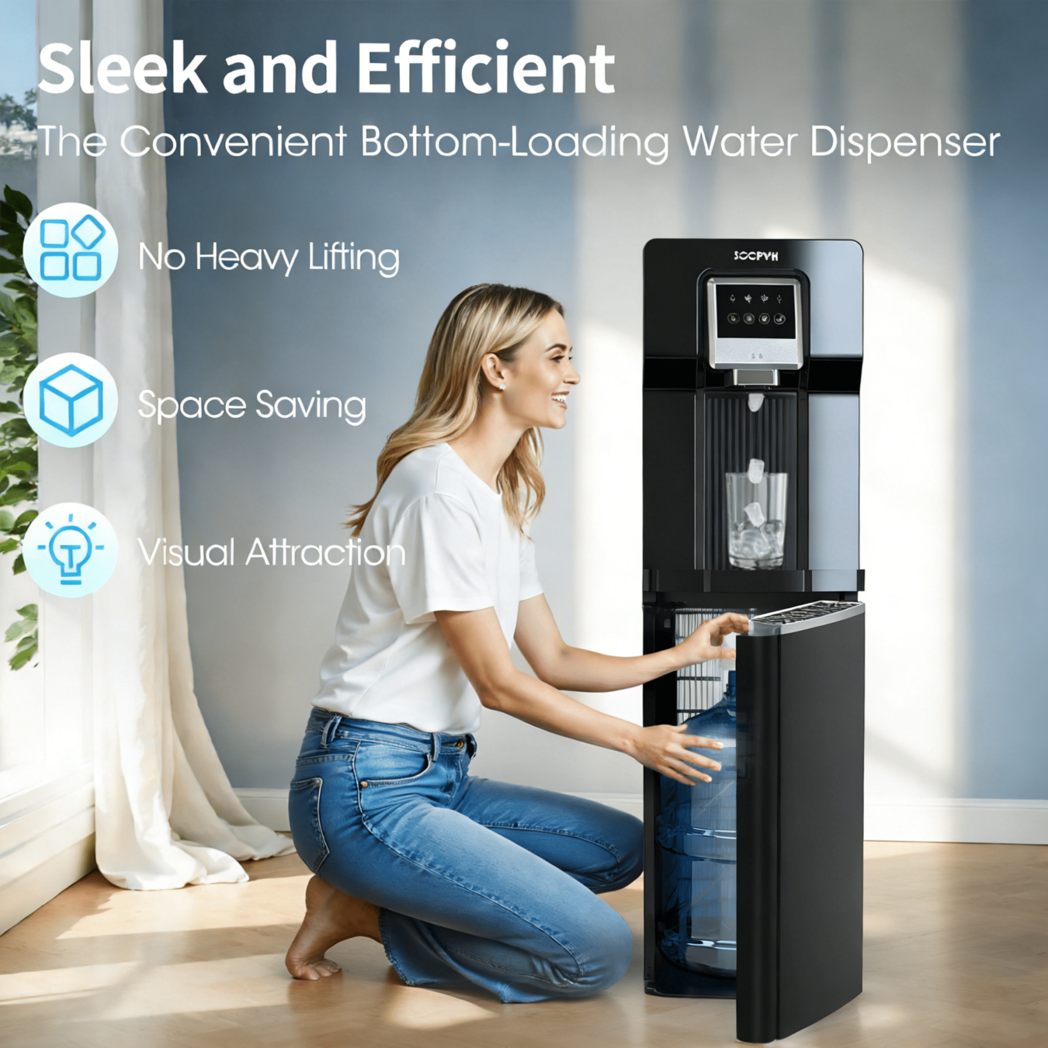 SOOPYK Water Dispenser with Ice Maker Bottom Loading  18lbs Ice Daily Capacity ,for 3–5 Gallon Bottles,for Home/Office,Black (No Hot Water)