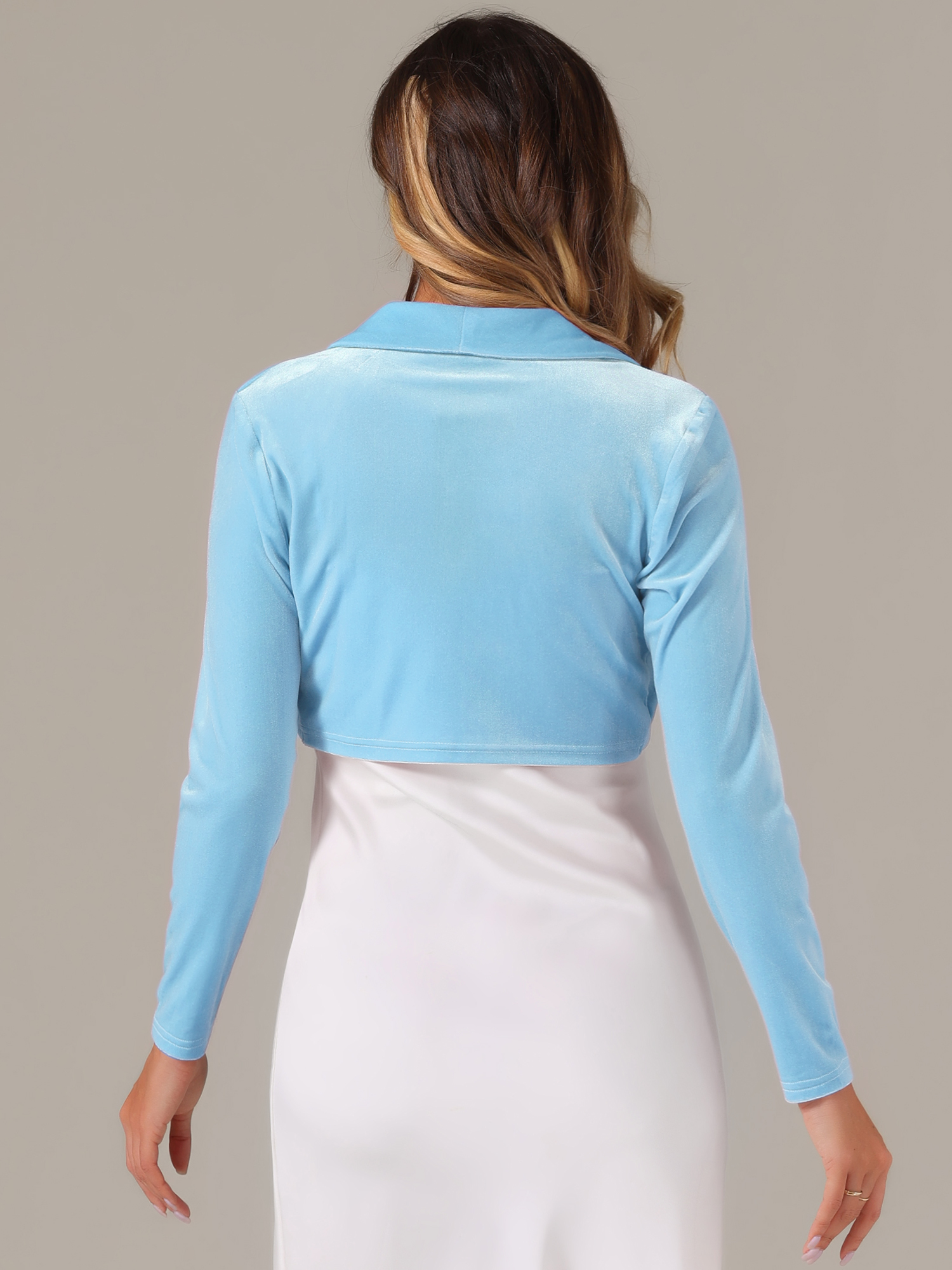 DARING DIVA Open Front Collar Shrug Cocktail Bolero Cardigan S Light Blue