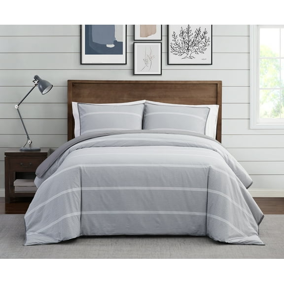 Brooklyn Loom Niari Yarn Dye Stripe Grey Cotton 3-Piece Full/Queen Comforter Set, stripe themed, for Men and Women, OEKO-TEX Certified Confidence