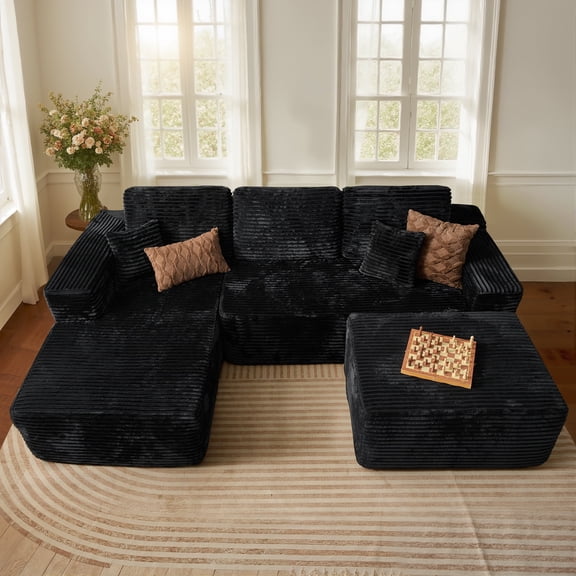 XIZZI 106" No-assembly L-Shaped Sectional Sofa Set w/ Ottoman, 28" Deep Seat & 11" Wide Armrest, Left Chaise, Black(Plush Fabric)