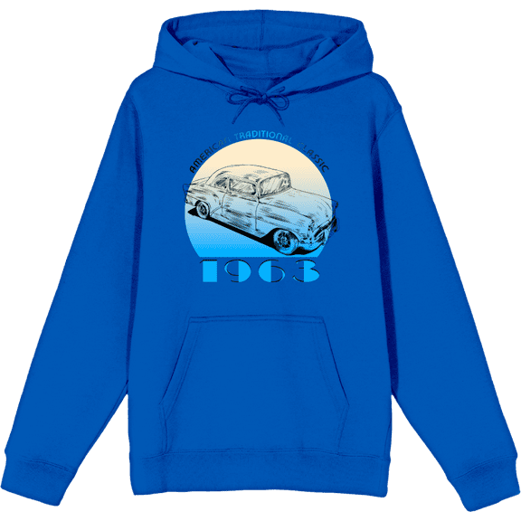 American Traditional 1963 Classic Car Adult Blue Long Sleeve Hoodie-Large