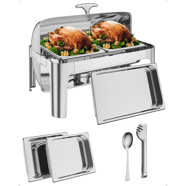 Bingirl 9QT Stainless Steel Roll Top Chafer with Viewable Window for Resturant, Parties Commercial Dish Buffet Server-Full Size Pan & Half Size Pan