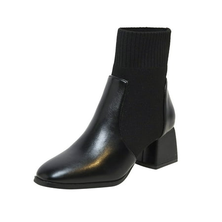 

ASEIDFNSA High Heels for Women Glitter Rain Boots for Women Ladies British Style Solid Color Leather Knitted Stitching Thick Heel Fashion Boots