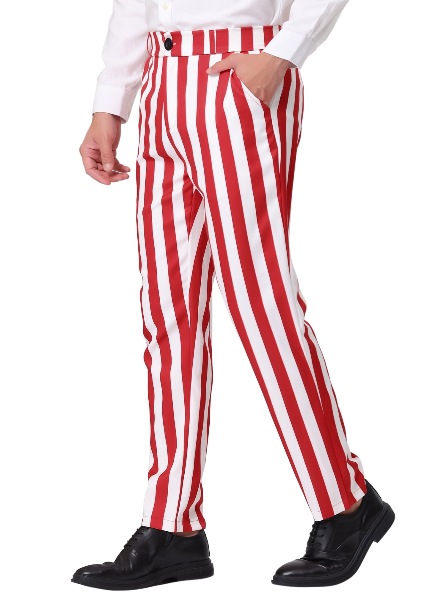 Unique Bargains Men's Striped Pant Classic Fit Flat Front Business Trousers 32 Red White