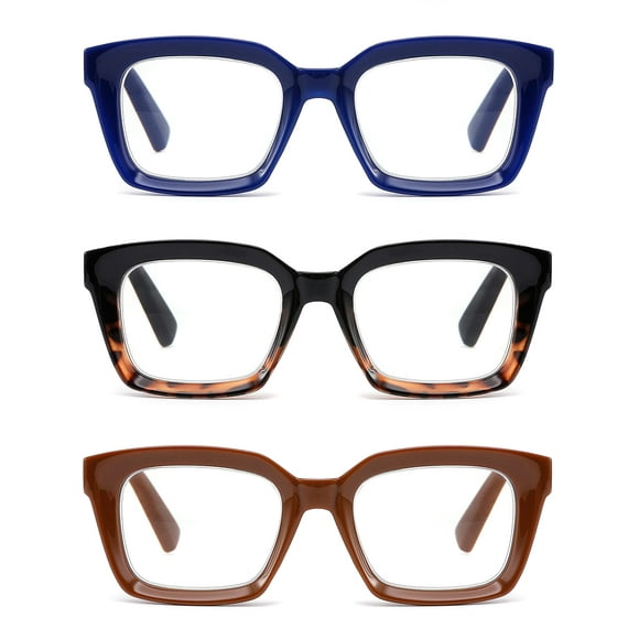 ZXYOO 3 Pack Oversize Square Design Reading Glasses for Women, Blue Light Blocking Reader (Black&Blue&Coffee, 1)