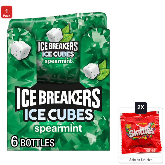 Ice Breakers Ice Cubes Spearmint Flavored Sugar-Free Chewing Gum 6 Bottles x 40 Pieces, 3.24 oz Each, with 2 Skittles Fun Size