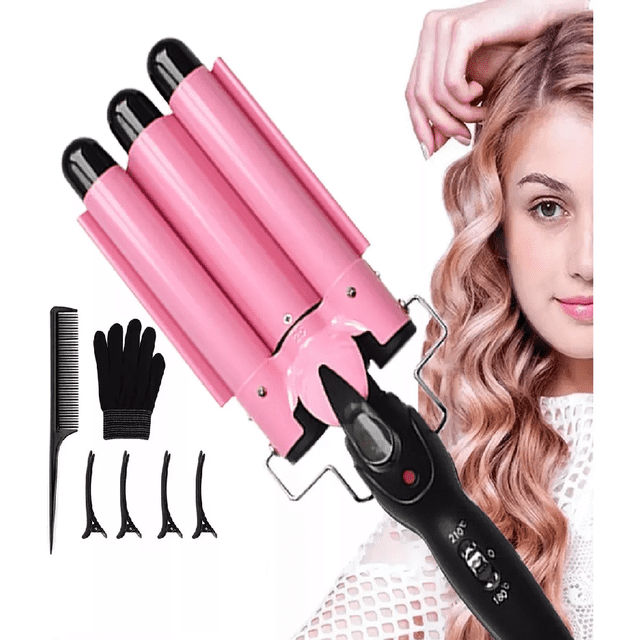 Rizadora De Cabello,varita De Rizador De 3 Barriles Rosa