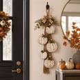 thumbnail image 4 of Distressed White Wooden Pumpkin Wall Hanging, 5‑Piece Graduated‑Size Pumpkin Swag with Plaid Bow & Eucalyptus, Farmhouse‑Inspired Seasonal Decor for Porch and Entryway, 4 of 6
