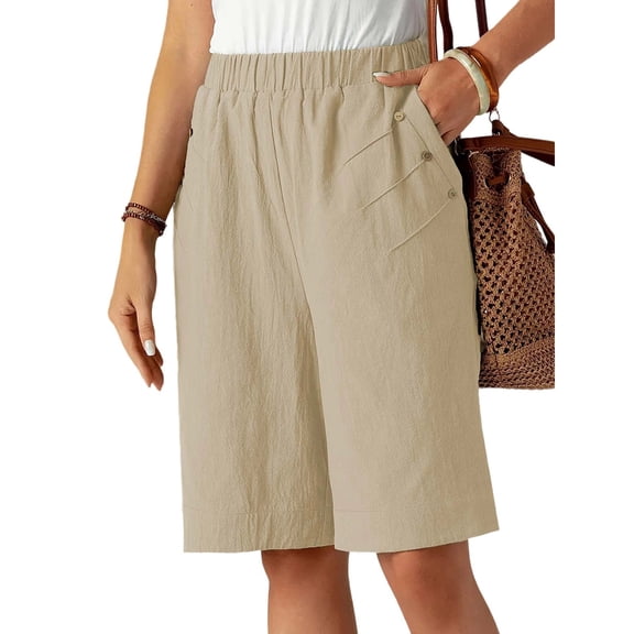 AVTOIFY Summer Womens Shorts Casual, Spring Summer Fashion Casual Solid Color Drawstring Outwear Linen Half Shorts Pants for Women Khaki M