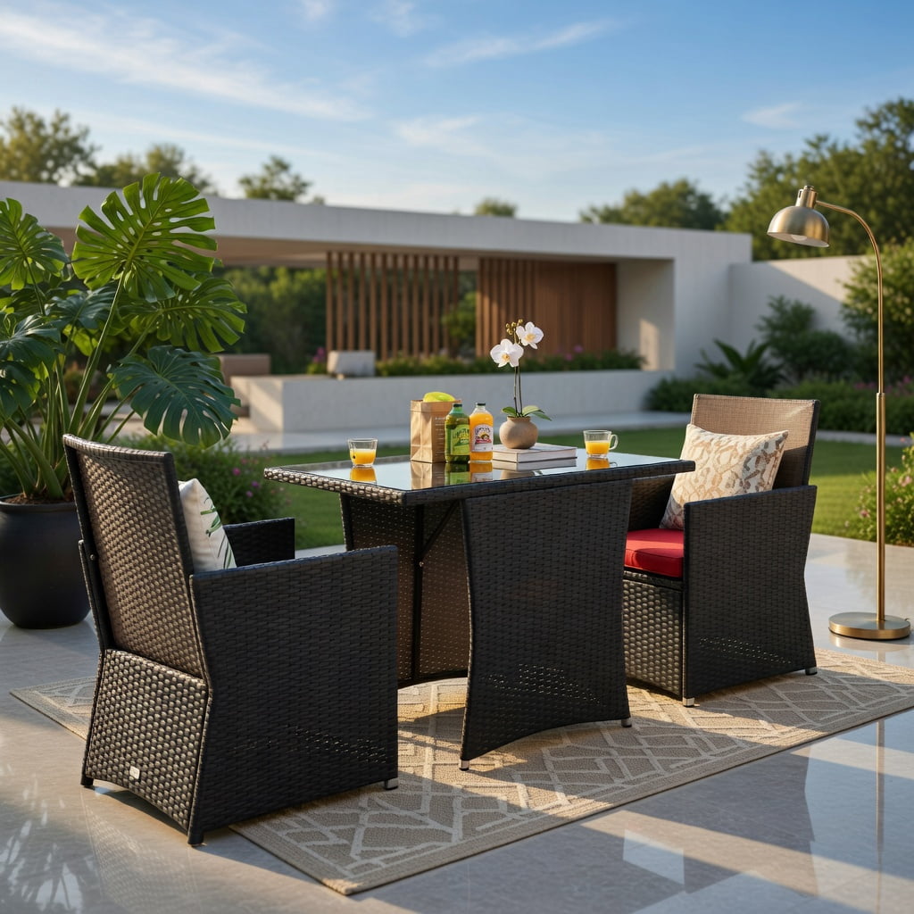 Hommoo 3-Piece Outdoor Rattan Patio Furniture Set with Red Cushions, Tempered Glass Table & Ergonomic Armchairs for Balcony, Porch, and Garden, Red