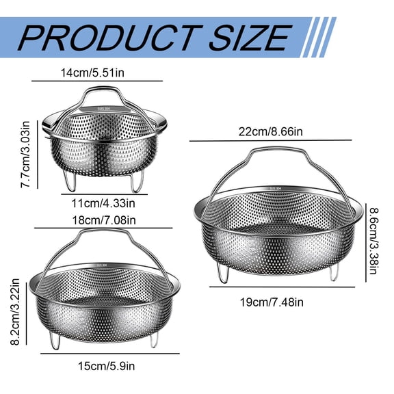 Stainless Steel Steamer Basket for Pressure Cooker and Instant Pot, 3 Piece Vegetable Steamer Set with Foldable Handle for Easy Storage, Multifunctional Colander for Rice Cooker and Large Pot, Large
