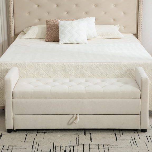 Arouseden 58" Beige End of Bed Storage Bench with Pull Out Drawers,Modern Upholstered Bench for Entryway,Tufted Storage Bench for Bedroom End of Bed Queen Size,Plush Accent Bench for Living Room
