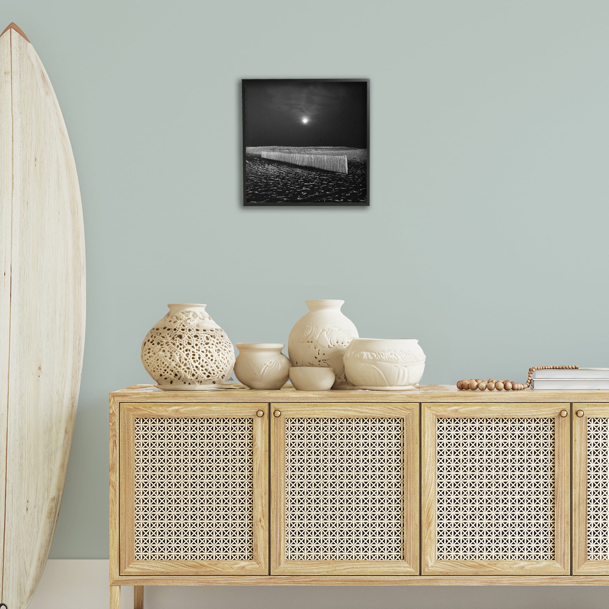 Stupell Industries Beach Fence at Night Coastal Photography Black Framed Art Print Wall Art, 17 x 17