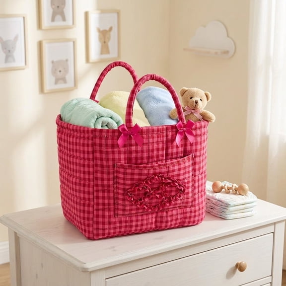Quilted Cotton Gingham Storage Tote Bag, Fabric Organizer Basket with Handles & Pocket, Foldable Storage Bin for Home