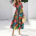 thumbnail image 4 of Womens 2025 Summer Casual Midi Dress Short Sleeve V Neck A Line Flowy Pleated Belted Boho Vacation Floral Long Dress, 4 of 6