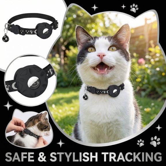 Cat Airtag Collar, Airtag Collar Cat, Reflective Cat Collar, Cat Tracking Collar, Adjustable Sizing, Star Moon Print, Black, 1 Pc