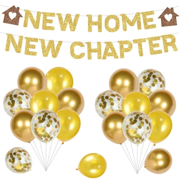 42PCS Golden themed Party, New Home New Chapter Theme Party Decoration with New Home Banner,New Chapter Banner for Housewarming Party Supplies Set