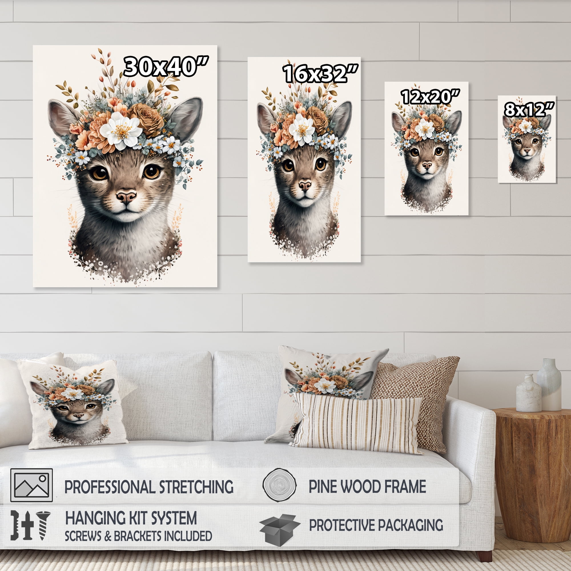 Designart Cute Baby Cat With Floral Crown III Canvas Wall Art