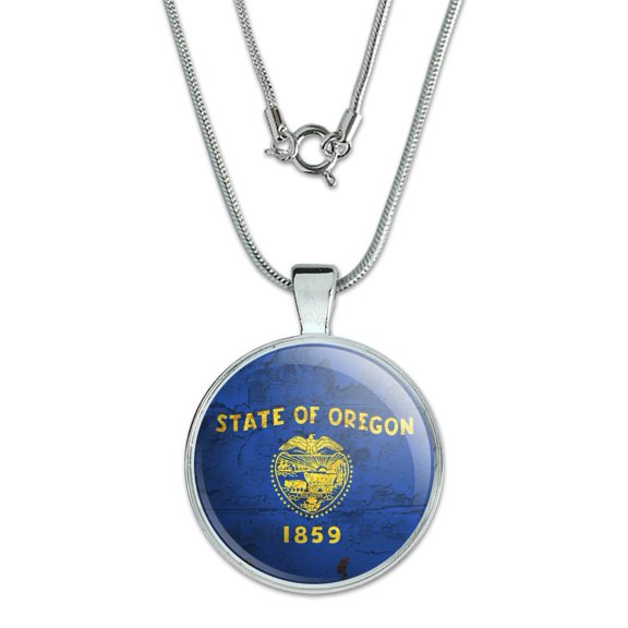 Rustic Oregon State Flag Distressed USA 1" Pendant with Sterling Silver Plated Chain