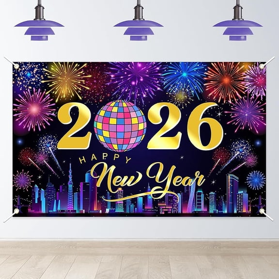 Happy New Year Backdrop 2026 New Years Banner Fireworks Multicolor Disco Ball New Years Eve Party Supplies Photo Booth Props