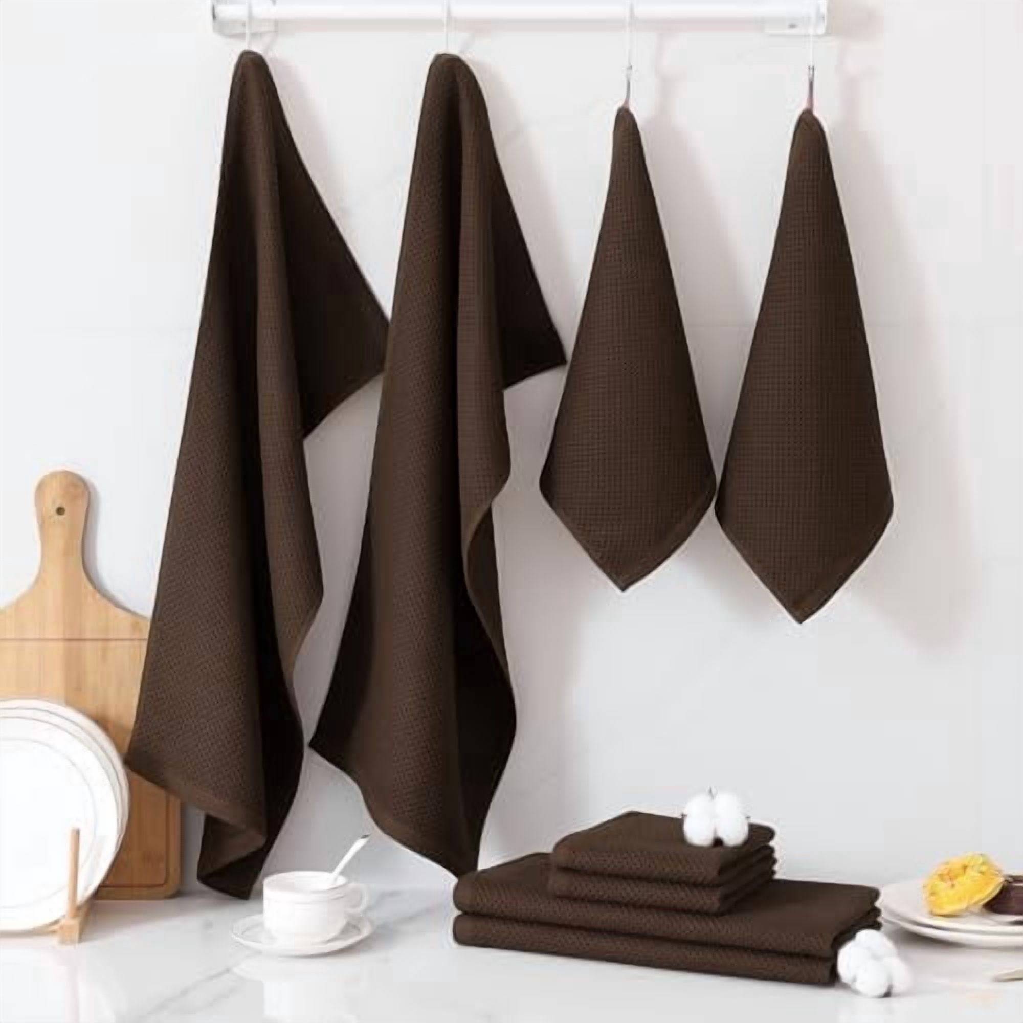 100% Cotton Kitchen Towels and Dishcloths Set, 12 x 12 Inches and 13 x 28 Inches, Set of 10 Bulk Kitchen Towels Set, Ultra Soft Absorbent Dish Cloths for Washing Dishes, Dark Brown