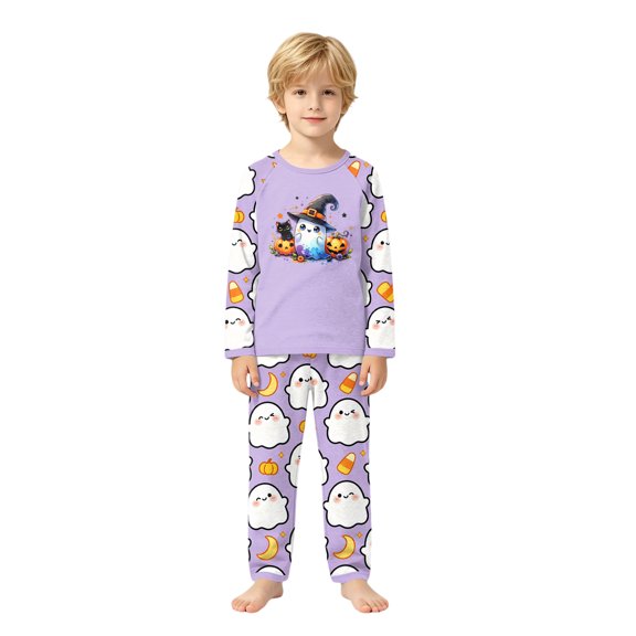 Festival Halloween Family Matching Pajamas Set Ghost Pumpkin Print Long Sleeve Top and Pants Holiday Loungewear for All Age