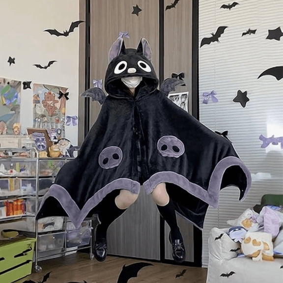 Wearable Bat Onesie Hooded Blanket, Bat Wing Hoodie Cape Blanket, Plush Coral Fleece Wrap for Halloween Party, Camping & Daily Relax